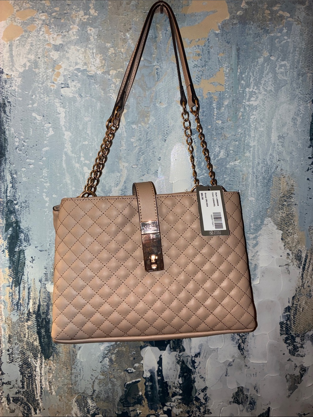 NWT ! GUESS Orlinda Carmel Quilted Shoulder Bag with Chain Straps MSRP $84.99